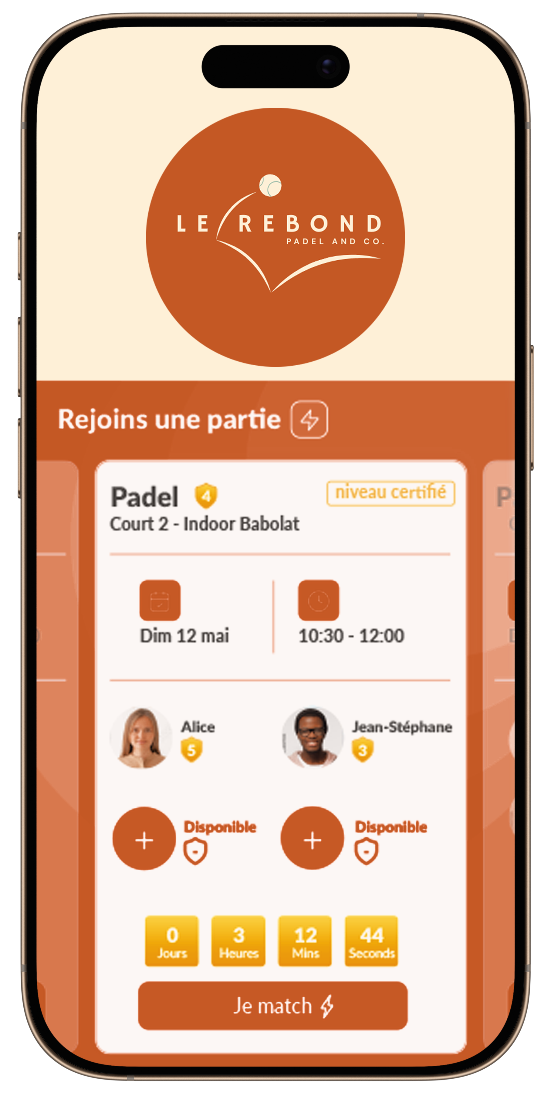 Aperçu de l'application Le Rebond, écran de recherche de partenaires de jeu